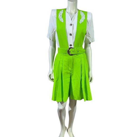 1960s Willy's Influence Lime Green & White Belted Romper Playsuit Lace Mod Go-Go - Picture 1 of 13